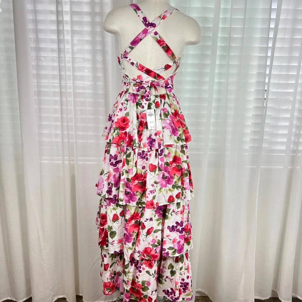 Abercrombie Fitch Floral Tiered Maxi Dress Sz S strawberry Pink Guest Tea Garden